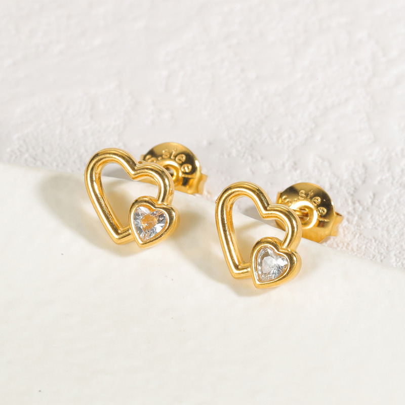 1 Pair Delicated Sweet Style Irregular Heart Shape Stainless Steel  Gold Color Inlay Rhinestone Women's Stud Earrings h5 